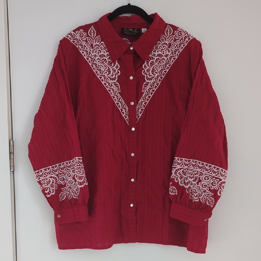 Bob Mackie 100% Cotton Red With White Details Button Down Collared Shirt Size 3X
